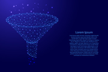 Funnel concept collecting big data issuance from futuristic polygonal blue lines and glowing stars for banner, poster, greeting card. Vector illustration.