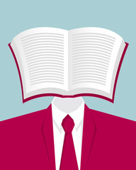 Surreal concept design,book forms a human head.Isolated on blue background.