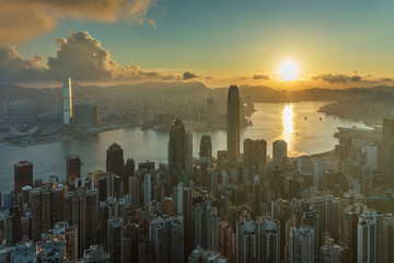 Sunrise over Victoria harbor of Hong Kong city