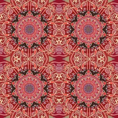 Seamless ornamental pattern with flower mandala in warm tones. Indian, arabian motives. Square carpet, ethnic shawl, print for fabric.
