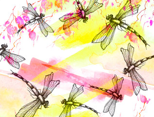 Watercolor illustration. Dragonfly flies against the sky, background. Abstract orange, pink, yellow paint splash.Stylish drawing. Dragonfly Graphic Realistic Line Ink Drawing. Hand-drawn illustration.