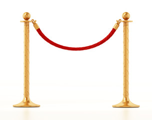 Obraz premium Velvet rope and golden barriers isolated on white background. 3D illustration