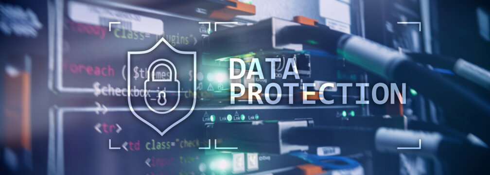 Data protection, Cyber security, information privacy. Internet and technology concept. Server room background.