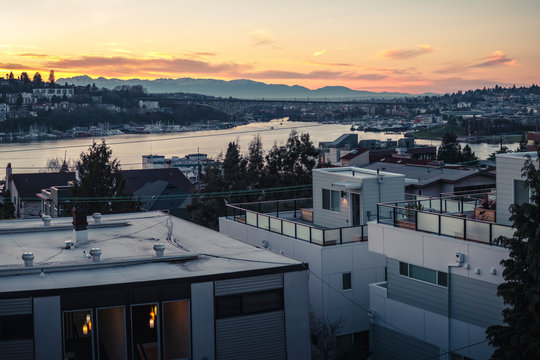 Apartment Building Rooftop View of Sunset on Lake Union Seattle