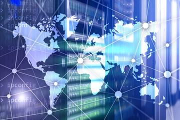World map with communication network on server room background.
