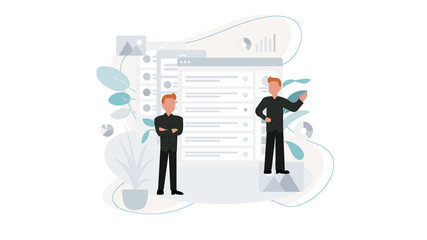 Sets of male office workers talk to each other. Business people or clerks communicate with colleagues, negotiate, make presentations. Flat flat cartoon vector illustration - Vector