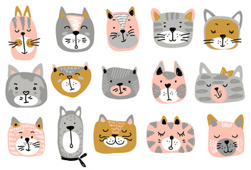 Vector collection of colorful cat faces. Funny illustration for children