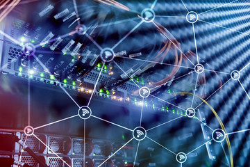 Wi fi network abstract structure on modern server room background.