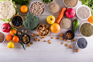 Top view of selected healthy and clean foods