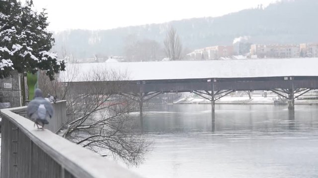 Swiss City Olten Winter wooden bridge railway station