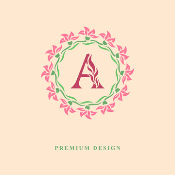 Color Wreath of flowers. Monogram design graceful template. Calligraphic elegant line art logo design. Capital Letter emblem sign A for Royalty, business card, Boutique, Jewelry. Vector illustration