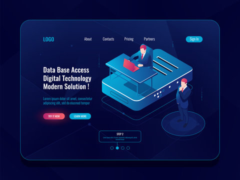 Database access concept, server room isometric icon, hosting support, system administrator, laptop, router splitter, big data processing, dark neon vector digital