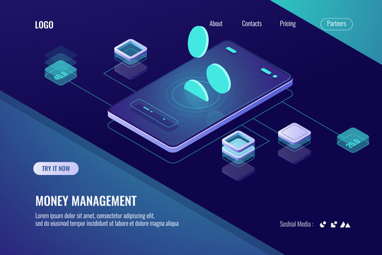 Accounting money, isometric online bank, horizontal banner of mobile application for cryptocurrency, dark violet neon