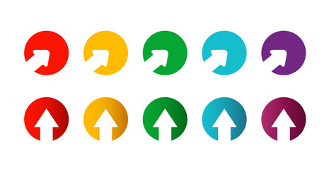 Set of bright different arrows in circle. round colored buttons with white arrows isolated on white background.