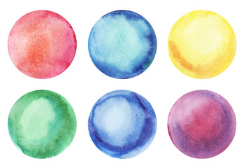 Six round abstract watercolor colorful backgrounds  with a radial gradient. Hand-drawn paper illustration