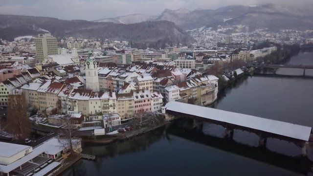 Swiss City Olten Winter wooden bridge railway station
