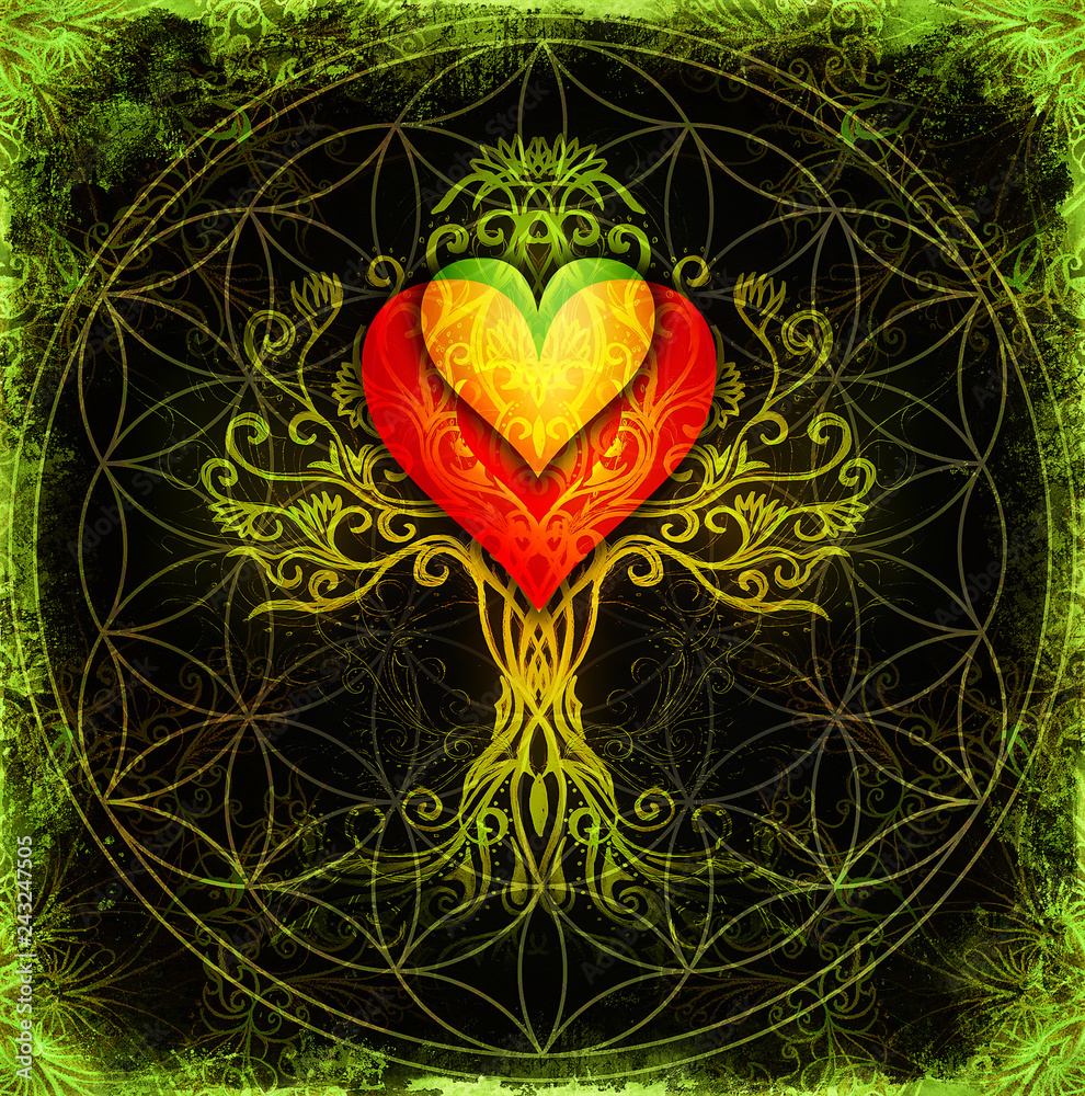 Poster tree of life symbol on structured ornamental background with heart shape, flower of life pattern, yggdrasil.