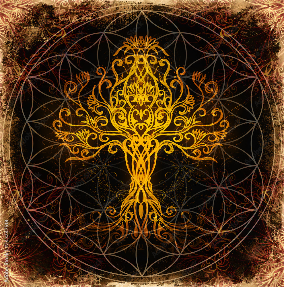 Poster tree of life symbol on structured ornamental background, flower of life pattern, yggdrasil.