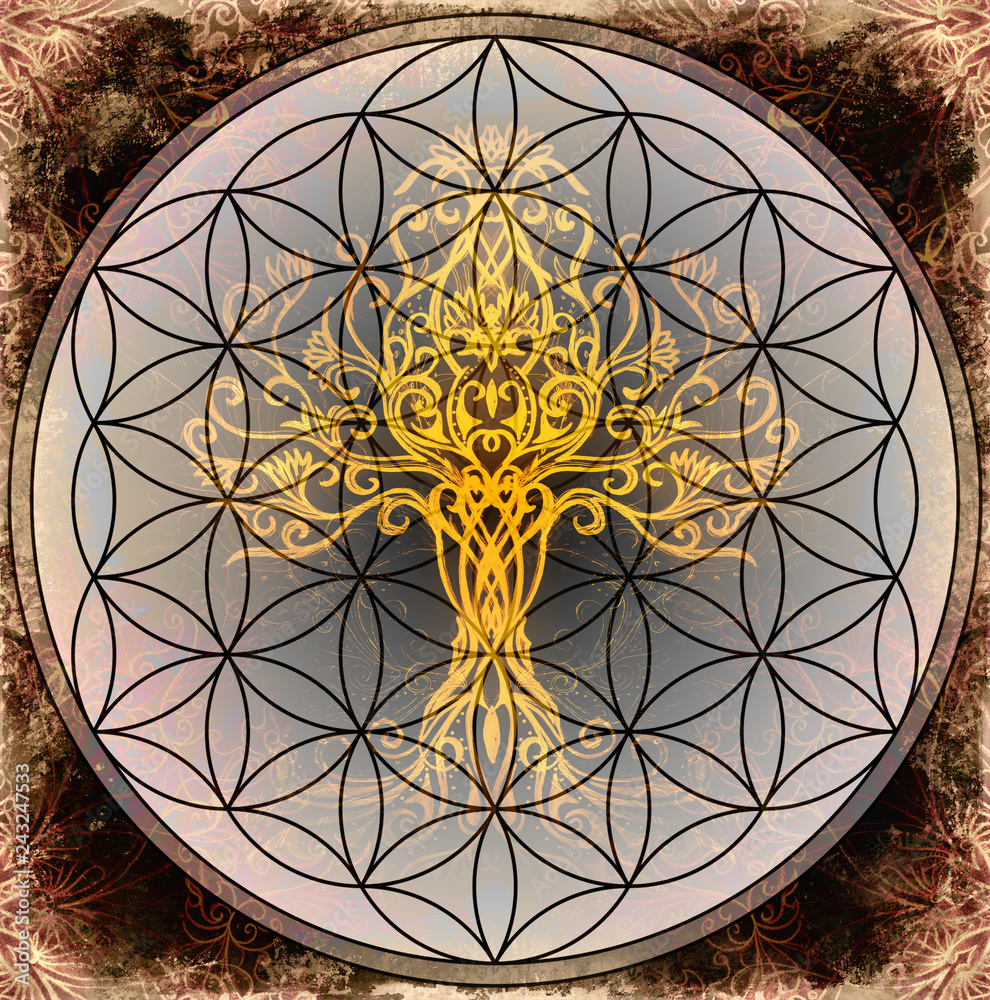 Poster tree of life symbol on structured ornamental background, flower of life pattern, yggdrasil.