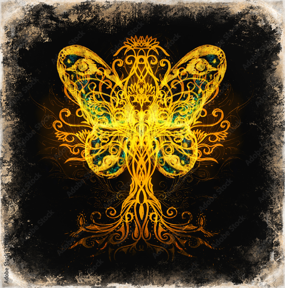 Poster tree of life symbol and butterfly on structured ornamental background, yggdrasil.