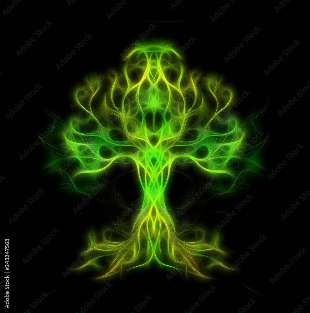 Poster tree of life symbol on structured ornamental background, yggdrasil. Fractal effect.