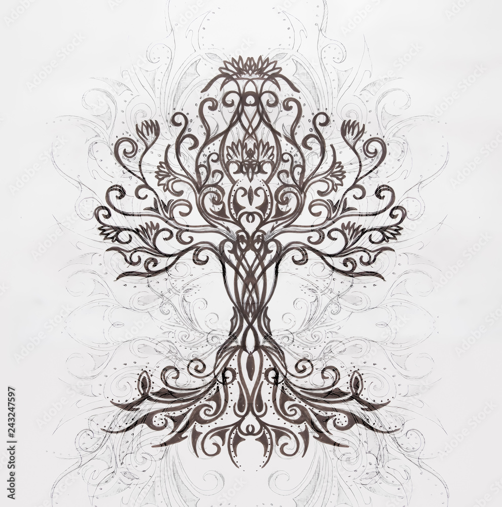 Poster tree of life symbol on structured ornamental background, yggdrasil.