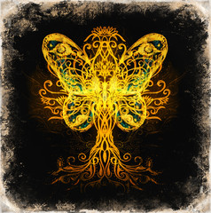 tree of life symbol and butterfly on structured ornamental background, yggdrasil.