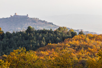 Beautiful view of Assisi town (Umbria) and St.Francis church in autumn from an unusual place,...