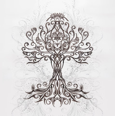 Naklejka premium tree of life symbol on structured ornamental background, yggdrasil.