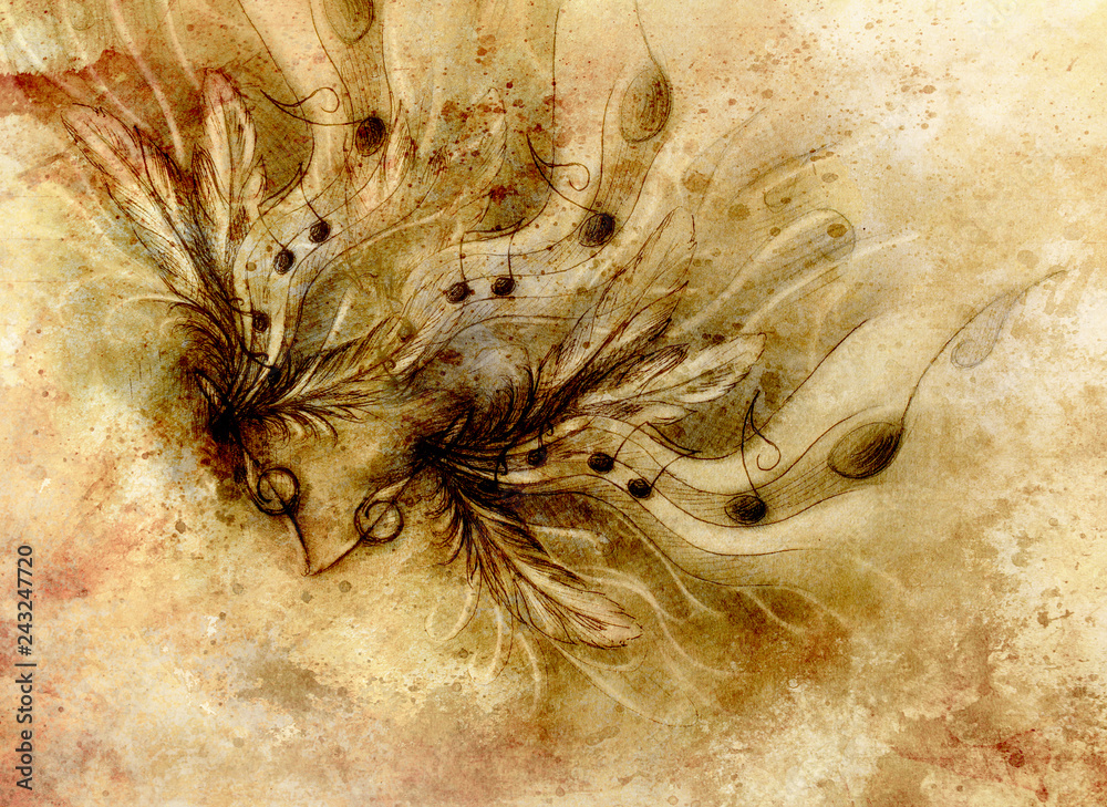Poster composition of feathers, notes and note lines, music theme with ornamental background.