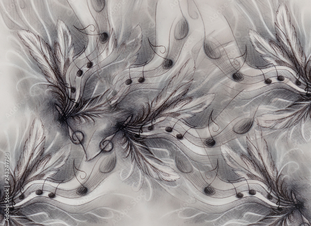Poster composition of feathers, notes and note lines, music theme with ornamental background.