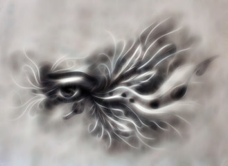 drawing of female eye with feathers and ornaments.