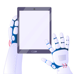 Robot's hands holding tablet with blank screen. Artificial Intelligence concept. Vector 10 EPS illustration isolated on white background.