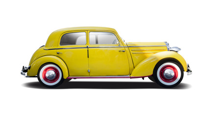 Yellow classic German car side view isolated on white