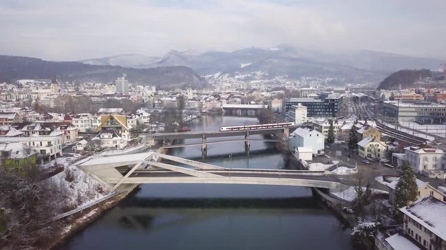 Swiss City Olten Winter wooden bridge railway station