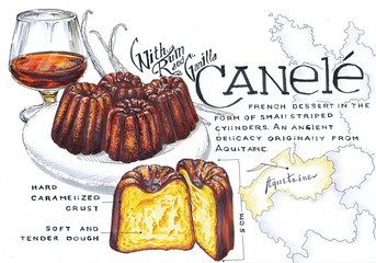 Food sketching. French canele cakes. Sketch markers.