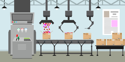 Empty Conveyor belt system with robot hands for mass production. Factory inside or interior with flat color style. Vector illustration. - obrazy, fototapety, plakaty