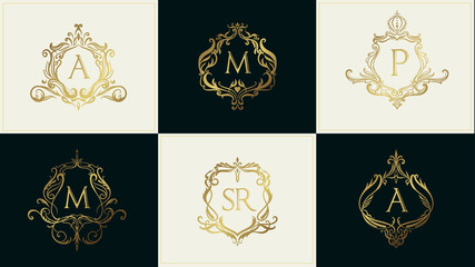 Luxury Wedding Logo with Ornament Baroque style design for invitation and luxurious brand identity and print template.  - obrazy, fototapety, plakaty