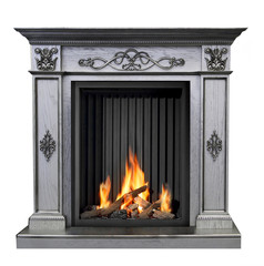 Classic burning fireplace isolated on white background