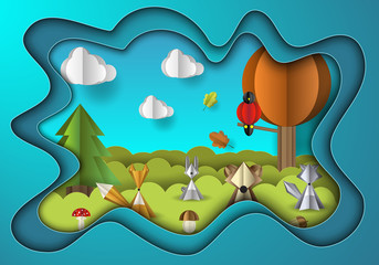 Vector illustration of paper cut with layers. Forest with wild animals, trees and mushrooms, Fluffy clouds with shadow on the sky.