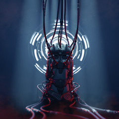 Firewall activated on server room data center. A young girl is sitting on the floor wearing a futuristic VR helmet. Many wires are connected to a sci-fi female costume. Cyber technology. 3d rendering.