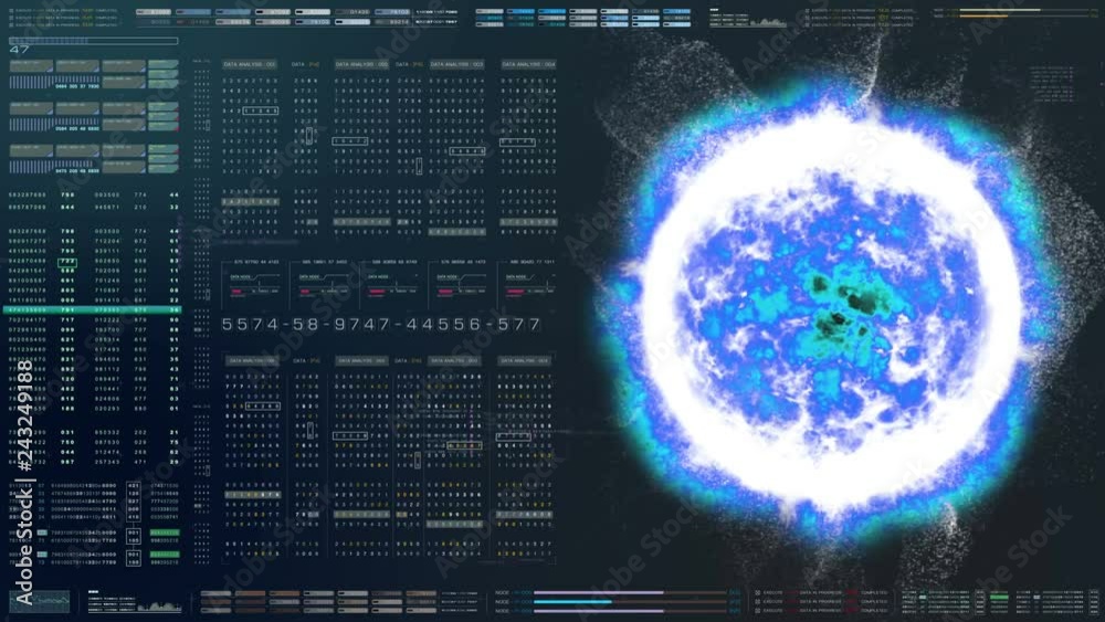 Poster Futuristic motion graphic user interface head up display screen with digital hologram Nuclear Fusion energy simulator and data telemetry information display for digital background