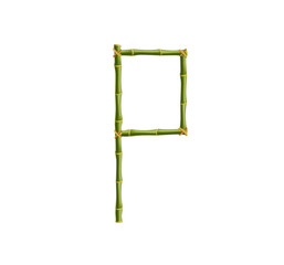 Capital letter P made of green bamboo poles on white background.