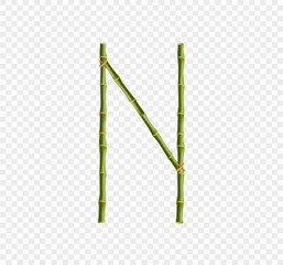 Capital letter N made of green bamboo sticks on transparent background.