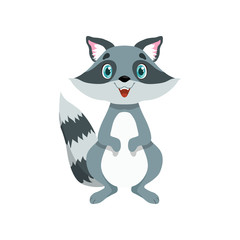 Cute raccoon, lovely animal cartoon character front view vector Illustration