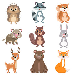 Cute forest animals and birds set, squirrel, hare, boar, raccoon, hedgehog, fox, bear, deer cartoon characters vector Illustration