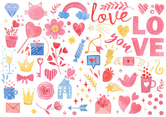 Valentines day doodle set watercolor, objects for concept and design, illustration flat. Heart, key, bow, crown, sweets, love letter on white background. Hand drawn