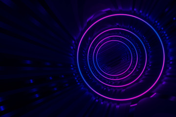 Round tunnel with reflective walls and neon circle illumination 3D Illustration