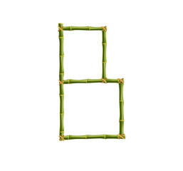 Capital letter B made of green bamboo poles on white background.