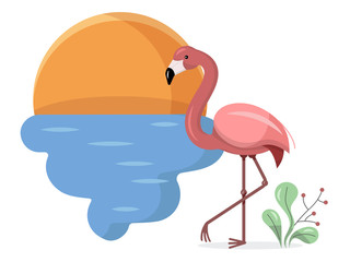 Pink flamingo on zakak near the sea on a white background. Vector flat illustration.